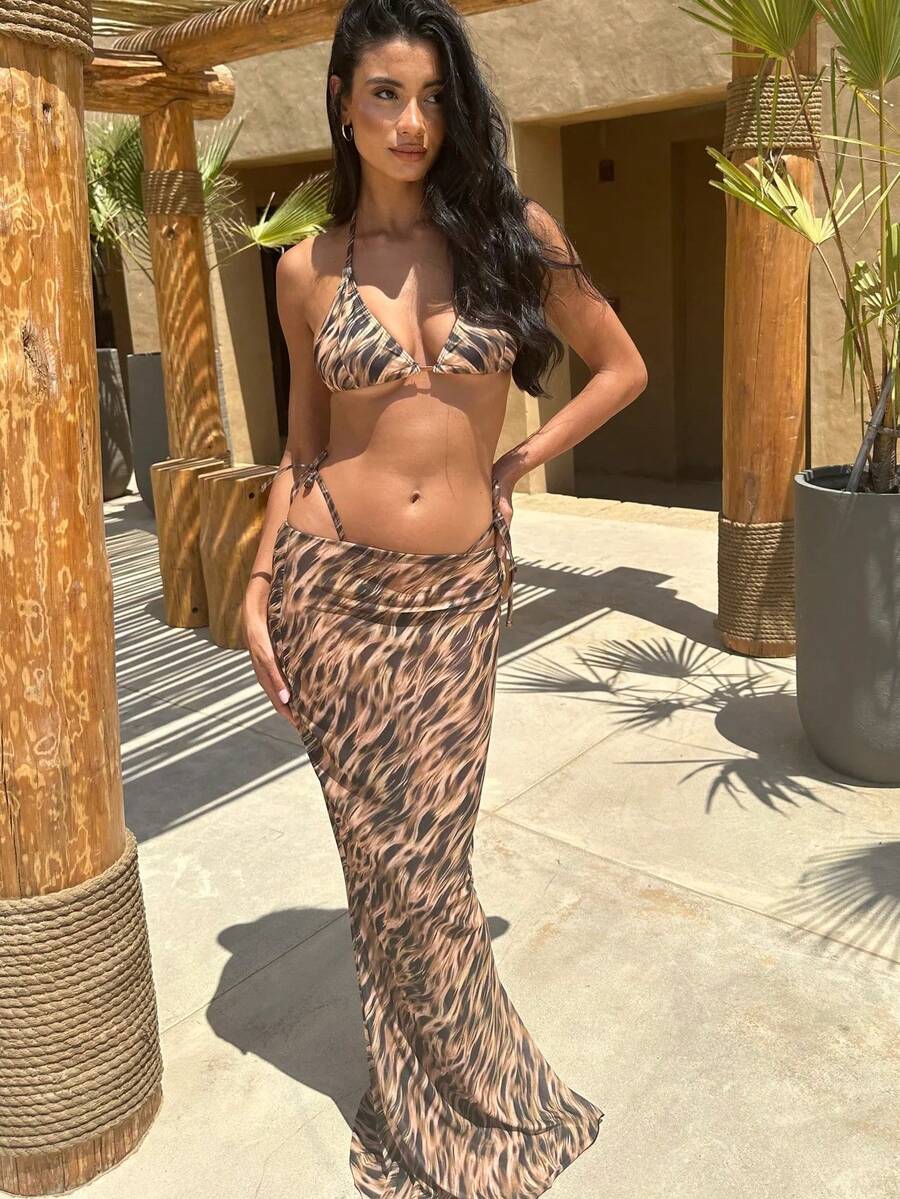 Set de 3 piese bikini sexy imprimat pentru damă, cu bretele, stil dulce pentru plajă, ocazional, pentru vacanță, costume de baie de vară - Imprimeu maro leopard - Vizualizare 1