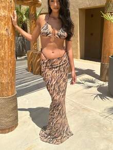 Set de 3 piese bikini sexy imprimat pentru damă, cu bretele, stil dulce pentru plajă, ocazional, pentru vacanță, costume de baie de vară - Imprimeu maro leopard - Vizualizare 5