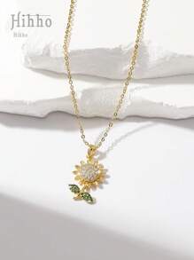 1入組高端精緻的3D閃爍鋯石向日葵吊墜優雅的鎖骨鏈，適合女性日常佩戴和送禮 - 金黃色 - 查看 1