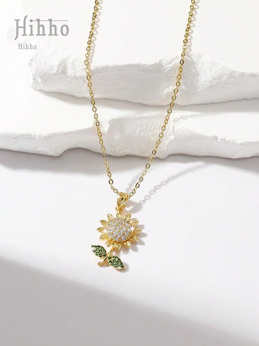 1入組高端精緻的3D閃爍鋯石向日葵吊墜優雅的鎖骨鏈，適合女性日常佩戴和送禮 - 金黃色 - 查看 1