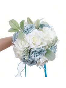 9.5in Wedding Bouquet For Bride Artificial Flowers Birdal Bouquet Bridesmaid Bouquet Tossing Bouquet For Wedding Ceremony Anniversary Bridal Shower, French Rose,Valentine'S Day Gift Party Birthday,Mother's Day Gift - Màu xanh lam - Xem 6