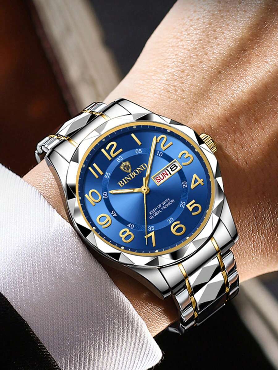 BINBOND 时尚男士手表奢华不锈钢石英表日历男士商务休闲防水手表夜光时钟 - 藍色 - 查看 1