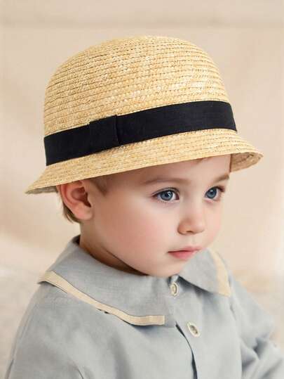 1pc Children's Natural Wheat Straw Handmade Round Top Sun Hat, Summer Baby Sun Protection Hat