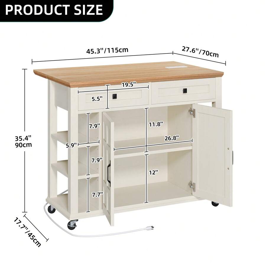 Wood Kitchen Island On Wheels With Power Outlets & Drop Leaf Rolling