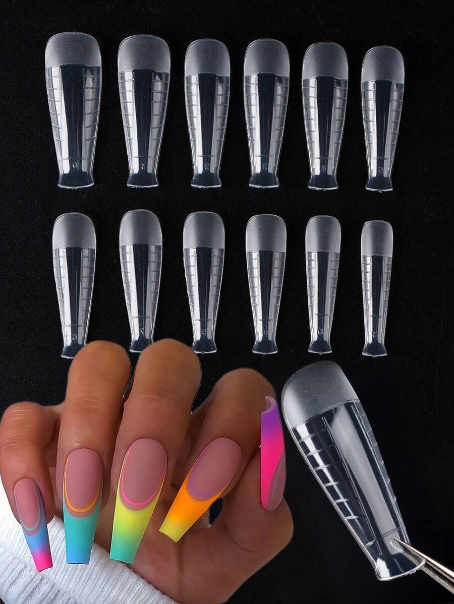 FULL BEAUTY 60入組長形棺材形狀透明半霧封美甲延伸形式全覆蓋假指甲貼,快速建模模具假長指甲塑型擴展型緩解頂部型混凝土擴展修指甲軟塑料膠擴展美甲,12種尺寸隨選,自行DIY美甲。 - 無色 - 查看 1