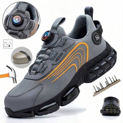 NIEION Light Steel Toe Shoes Men's Work Sneaker Rotated Button Easy Wear Work Boots Breathable Sport Work Shoes Men Boots