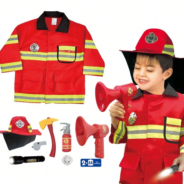 Firefighter Costume For Kids And Toddlers, Fire Chief Role Play Dress-Up Set, Pretend Fire Fighter Outfit With Realistic Accessories, Halloween Christmas Gift