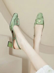 Women's Square Toe Chunky High Heel Backless Shoes, Elegant Silver Narrow Vamp Slim Heeled Sandals Summer Buckle Strap Shoes