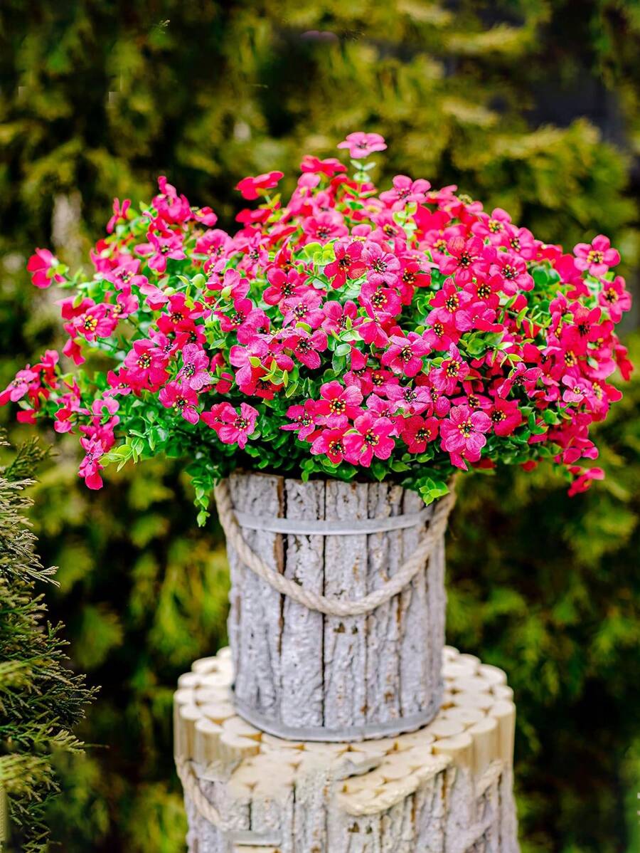 4 piezas de decoración artificial de primavera/verano para exteriores, material tipo seda, margarita morada, eucalipto, resistente a los rayos UV, adecuado para decoración de hogar, patio, porche, ventana y jardín (rosa rojo), regalo de cumpleaños, graduación, Navidad, Halloween, decoración floral de temporada de otoño, Acción de Gracias