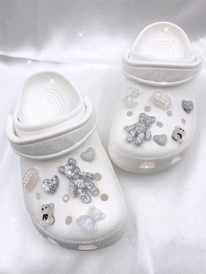 12入組銀色果凍鞋裝飾，春夏水晶熊系列可拆卸鞋裝飾，適用於花園鞋款