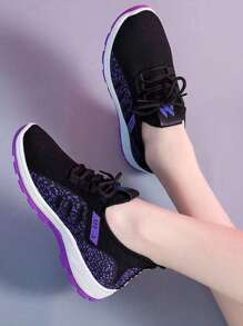 Zapatos De Mujer De Malla Tridimensional Recortada Con Mosca, Zapatillas deportivas de colores sólidos para mujer, zapatillas deportivas transpirables de moda, modelos de pareja zapatillas de colores sólidos con cordones - Morado - Ver 1