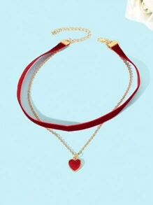 3 件复古珠宝套装红球长吊坠耳环双层天鹅绒颈链心形吊坠项链情人节、妈妈、母亲、母亲节、礼物 - 酒紅色 - 查看 3