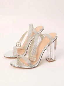 Summer New Arrival Transparent Women's Round Toe Clear High Heels, Luxurious Rhinestone Chunky Heeled Sandals, Popular And Elegant Evening Party Shoes For Women Valentines