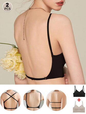 2件装节日季超薄胸罩新娘内衣女胸罩无缝胸罩低背露背胸罩女士内衣深V内衣低胸可爱聚拢内衣透气加厚学生胸罩适合女生小胸