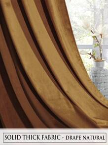 1pc Multi-Color Velvet Curtain, Modern And Minimalist Style, Suitable For Living Room And Bedroom, Rod Pocket Design - Chocolate Brown - View 7