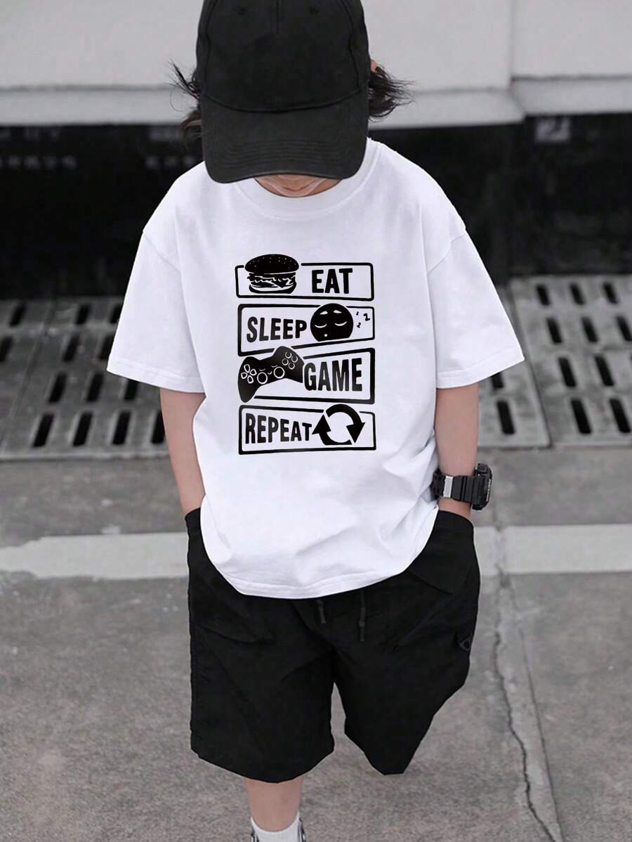 A Set Of Tween Boy Student Casual Print Round Neck Pullover Off Shoulder T-Shirt Summer Top - Bright Short Sleeved T-Shirt Brings Color And Joy To Every Child's Life. Boys Outfit Sets Kids Clothes Boys