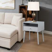 Mid-Century Modern Night Stand With Drawer&Open Shelf, Wood Nightstand With Non-Slip Foot Mats, Small Bedside Tables With Solid Wood Legs, Metal Handle - 灰色 - 查看 3