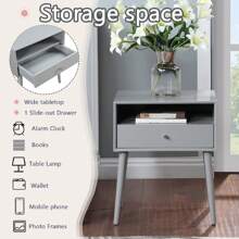 Mid-Century Modern Night Stand With Drawer&Open Shelf, Wood Nightstand With Non-Slip Foot Mats, Small Bedside Tables With Solid Wood Legs, Metal Handle - 灰色 - 查看 5