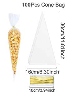 50/100 uds Bolsas cónicas de golosinas, bolsas de palomitas, bolsas de celofán triangulares con lazos retorcidos para caramelos, galletas hechas a mano, regalos de boda, cumpleaños, día de San Valentín, suministros para bufé de dulces y Navidad - transparente - Ver 10