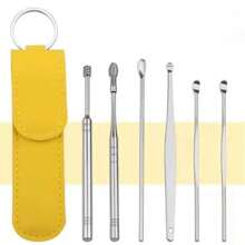 6 件套耳朵清洁工具套装，采用弹簧螺旋设计，皮革盒中的不锈钢耳勺，方便家庭使用、学校、返校、旅行、旅行必需品、家庭必需品、耳朵清洁器