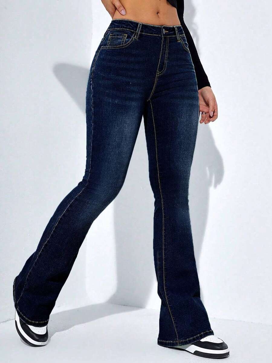 Tallas Grandes Vaqueros Flexible Colores Sólidos Vaqueros Acampanados - Azul - Ver 1