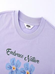 Annil Camiseta de manga corta de punto con cuello redondo, estampado de letras y contraste, nueva de verano, informal, con estampado de flores, versátil y dulce, para ropa de niños