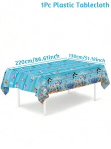 1pc 220*130cm Ocean Theme Shark, Shell, Dolphin Pattern Disposable Plastic Tablecloth, Suitable For Birthday Party, Pool Party, Blue Ocean Shark Theme Party Supplies, Embossed Edge Decor Tablecloth, Home Decor, Christmas - Multicolor - View 5