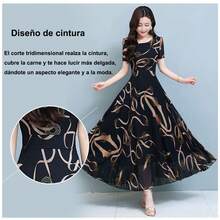Vestido Largo Manga Corta Para Estampado De Moda - Negro - Ver 5