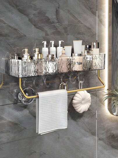 [1 Set] Estantería de esquina para baño y cocina / Material de PP de alta calidad con patrón de olas transparente, estantes largos, cortos y triangulares con ganchos, barra de toallas metálica desmontable / Estantería de esquina para baño, organizador de pared sin taladro para baño, cesta de ducha, estantería de almacenamiento para encimera de vanidad, estantería de almacenamiento de esquina para cocina, decoración de otoño para el hogar y el baño