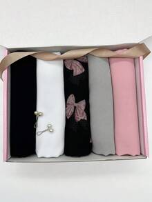 1 Box Women's Pink Chiffon Modest Hijab + Printed Bow Hijab Set, Ramadan Headscarf Gift For Valentine's Day Ramadan (5pcs Hijabs + 2pcs Hijab Clips) - Black - View 3
