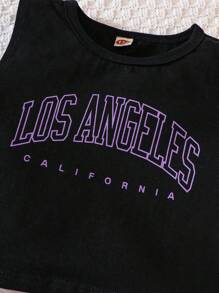 Conjunto de falda plisada para niñas en 2 piezas, conjunto de top con hombros al aire y falda, estampado de Los Ángeles, atuendo casual y veraniego para vacaciones - Negro - Ver 4