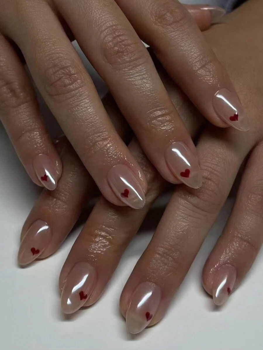 增添你的可爱 - 30 件粉色浪漫心形短杏仁形人造指甲套装，适合女孩日常夏季佩戴按压指甲美甲用品指甲 - 彩色 - 查看 1