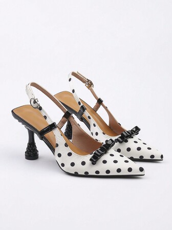 2024新款尖头高跟穆勒鞋，细跟可调节绑带凉鞋，黑色波点，四季皆宜