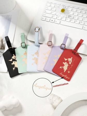 1pc Customizable PU Material Luggage Tag For Daily Outdoor Travel, With Gold-Foil World Map Design And Simple Style