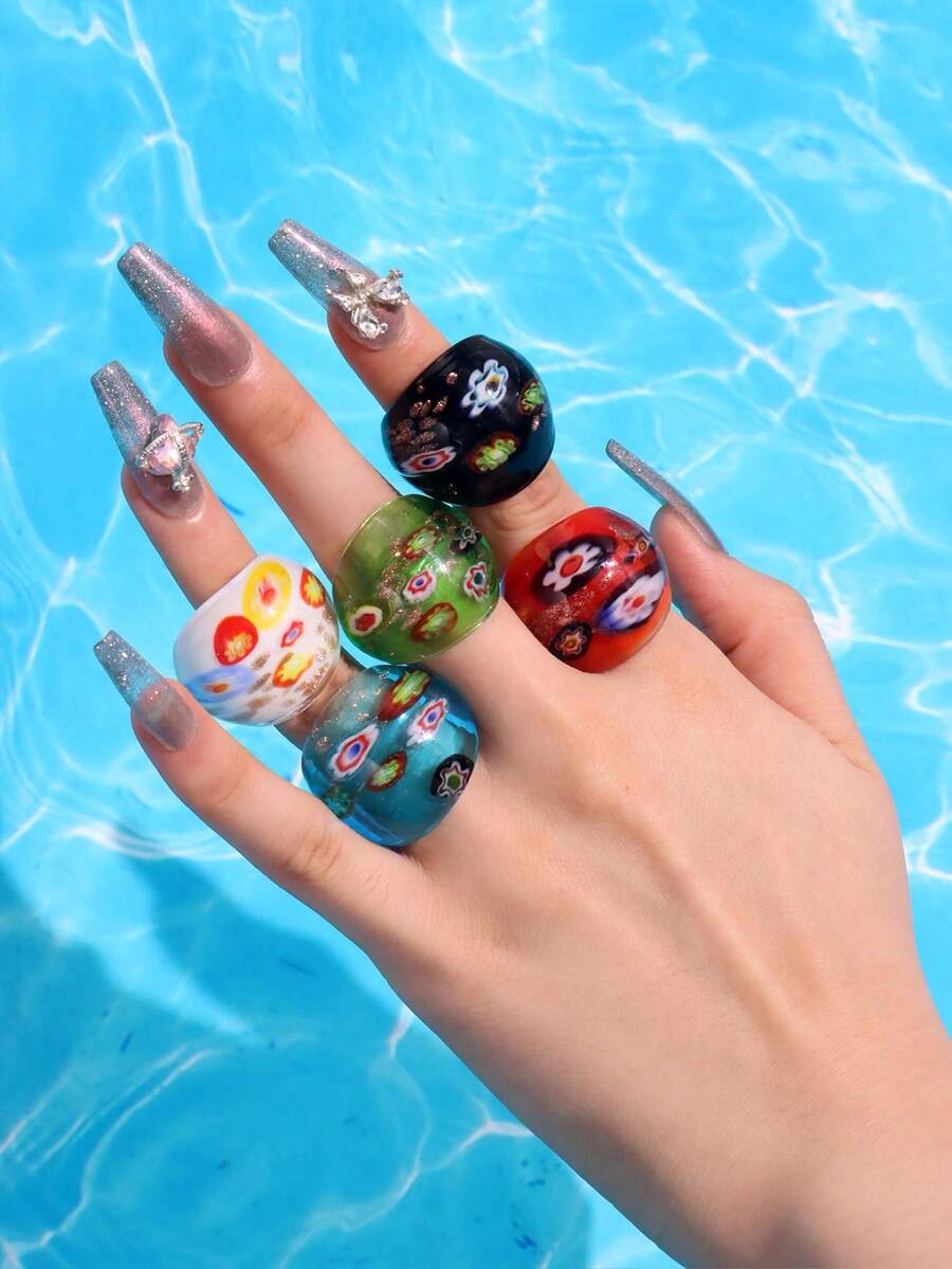 1pc Colorful Vintage Pattern Wide Glass Ring, Summer Fashion Jewelry Gift For Women On Vacation - Multicolor - View 1