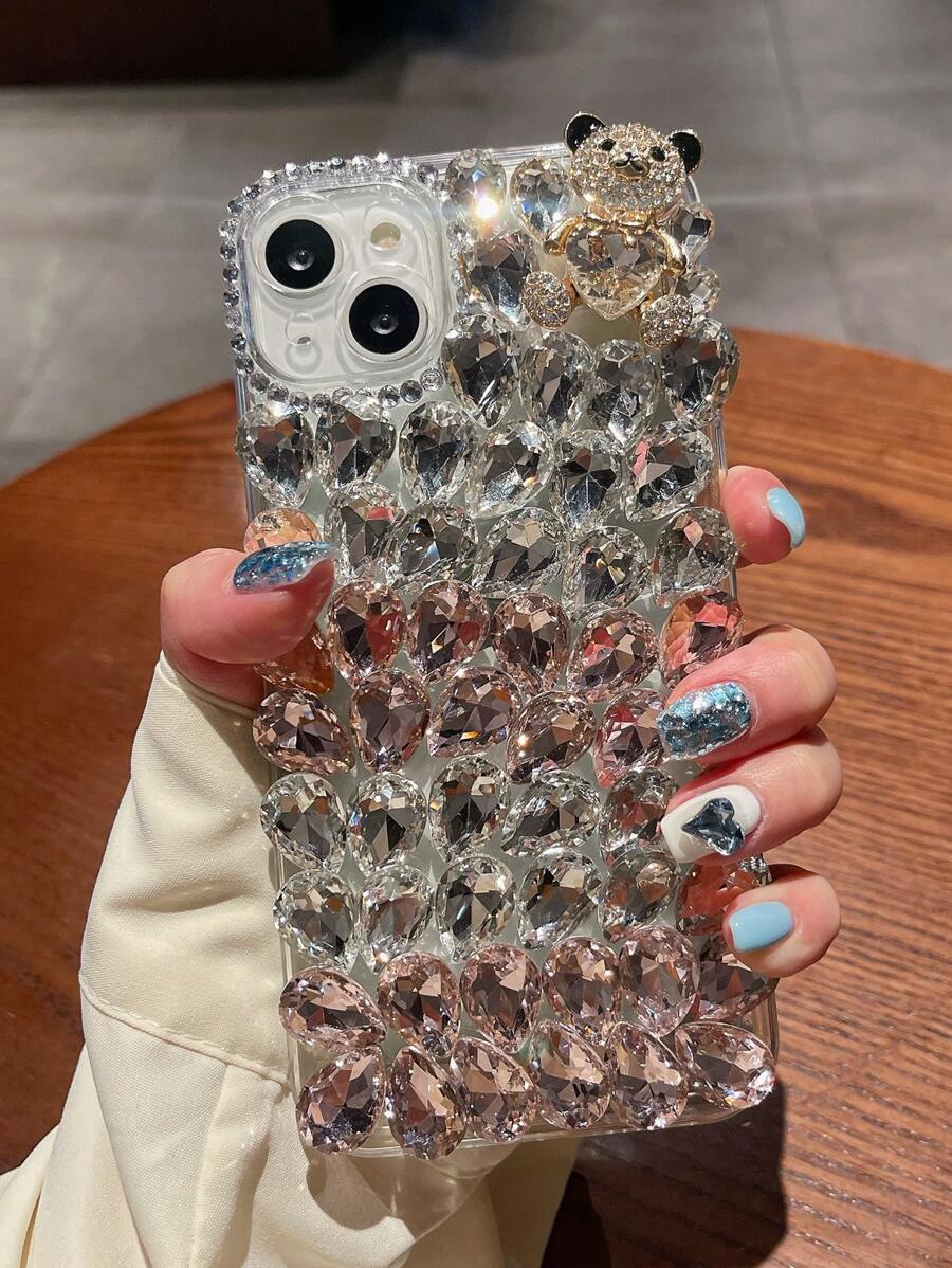 手工制作的粉白水钻手机壳，小熊造型，国际版，非国内版，与手机壳完美兼容 - 紅色 - 查看 1