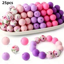 25pcs 15mm Silicone Solid Colorful Pattern Round Loose Beads For Jewelry Making DIY Special Key Bag Chain Pens Decors Bracelet Necklace Lanyards Beaded Craft Supplies