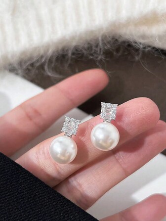 1pc 925 Sterling Silver Inlaid Faux Pearl Square Cubic Zirconia Stud Earrings, Gift For Engagement, Wedding, Birthday Party, Suitable For Women