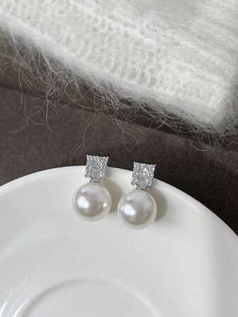 1pc 925 Sterling Silver Inlaid Faux Pearl Square Cubic Zirconia Stud Earrings, Gift For Engagement, Wedding, Birthday Party, Suitable For Women