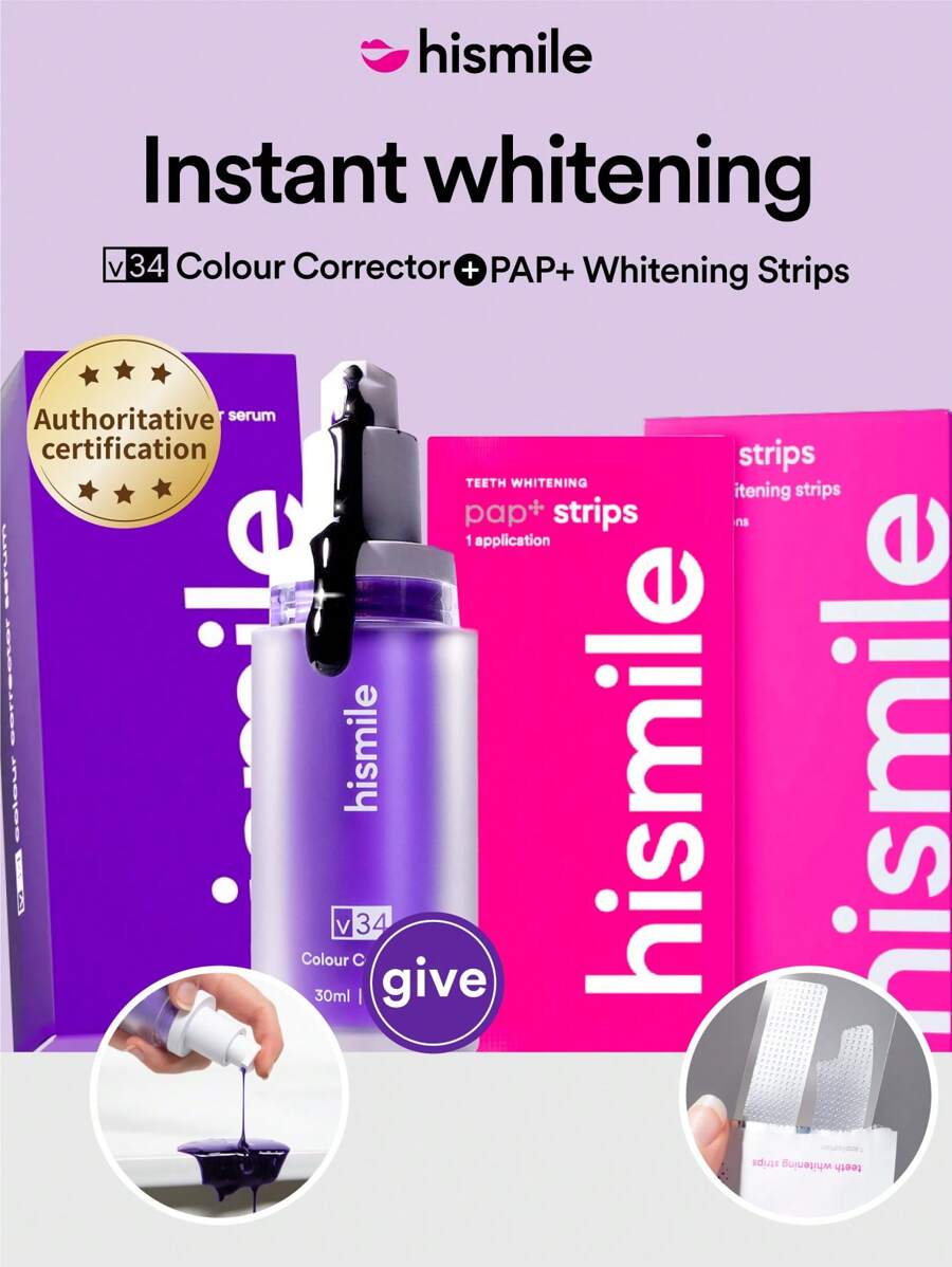 Hismile V34 COLOUR CORRECTOR và miếng dán làm trắng răng PAP+, kem làm sạch răng làm trắng răng màu tím, công nghệ làm sáng răng mạnh mẽ - Tinh chất nhuộm răng V34 + Miếng dán trắng răng - Xem 1