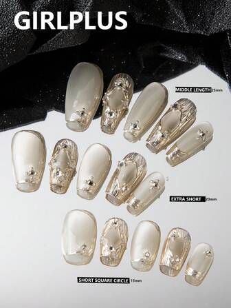 GIRL PLUS GIRLPLUS 10 Handmade Fake Nails, Silver Metallic Cat Eye Fine Flash Nail Design, Stylish Nail Set Suitable For Women And Girls Everyday Wear Press On Nails Nail Supplies