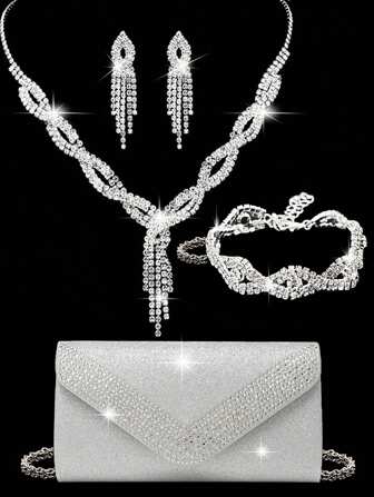 Juego de joyas de 4 piezas de LETODE con strass: collar, pendientes, pulsera, para mujer. Conjunto elegante con bolso de fiesta con cadena metálica desmontable para bodas y fiestas. Bolso de mano brillante versátil para fiestas, bodas, banquetes, que combina perfectamente con accesorios de graduación.