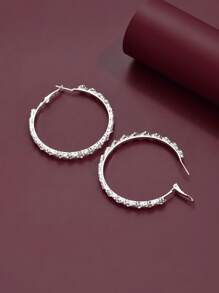 1 par de pendientes de aro con forma geométrica redonda exagerada, con rhinestones, de moda y sexy, para mujer, adecuados para uso casual, vacaciones, cumpleaños, eventos, salidas nocturnas - Plateado - Ver 4