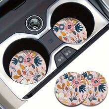 2pcs Car Coasters Print Absorbent Coasters Set, Universal Fit Women Gifts, Car Decor & Car Accessories - Multicolor - View 8
