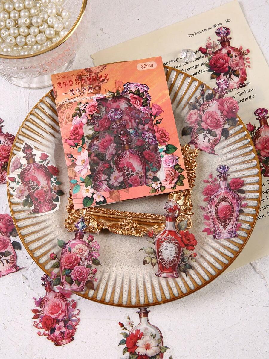 30pcs/Pack PET Waterproof Glass Jar Stickers In Red Flower Series For DIY Card Decoration And Sealing - Multicolor - View 1