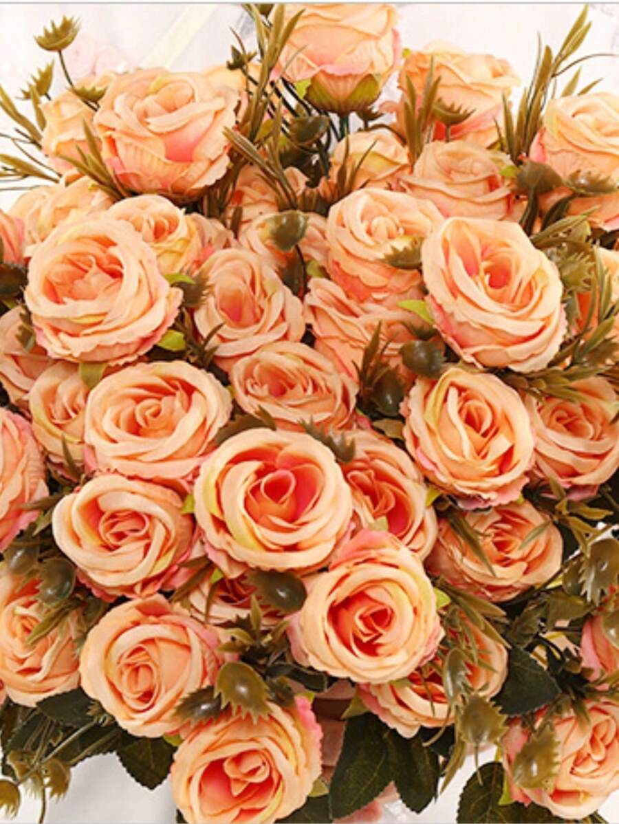 24 Heads Roses Flowers 14.17in Artificial Silk Flowers, Fake Round Roses With Long Stems Realistic Faux Rose Bouquets For Wedding Decorations Bridal Shower Centerpieces Floral Arrangements Party Home Table Decor,Party,Birthday,Valentine's Day,Mother's Day Gift - 香檳色 - 查看 1