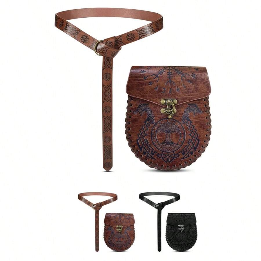 1件/2件装中世纪维京腰带，复古压纹皮革腰包，圆形扣环腰带，文艺复兴风格腰带，适合维京角色扮演、休闲、商务、送给男友、丈夫、父亲、男士的礼物，日常穿着，时尚，青少年，户外，度假，运动，旅行，街头，波西米亚风，复古秋季，万圣节秋冬配饰，适合青少年、青年、男士，休闲，户外，运动，度假，毕业礼物，生日礼物，日常穿着 - 彩色 - 查看 1