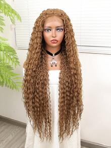 1 件合成耐热 T 形蕾丝假发 13*4*1 超长波浪卷发 32 英寸 适合日间使用 高品质 适合女性使用 适合女孩使用 自然美丽 优质合成柔软初学者使用假发 - 棕色 - 查看 3