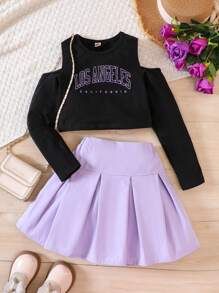 Conjunto de falda plisada para niñas en 2 piezas, conjunto de top con hombros al aire y falda, estampado de Los Ángeles, atuendo casual y veraniego para vacaciones - Negro - Ver 1