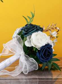 1 Bouquet Wedding Bouquets For Bride Bridesmaid Artificial Roses Flowers Bridal Bouquet For Rustic French Vintage Formal Wedding Home Decoration 11.41in,Party Birthday,Valentine'S Day,Mother'S Day Gift - Màu xanh hải quân - Xem 5